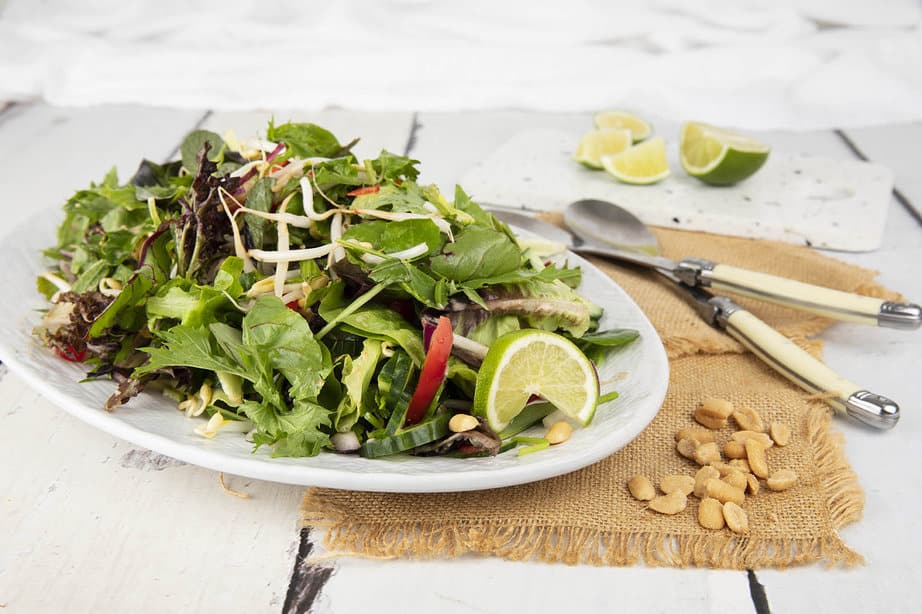 Thai Salad on a rustic background with peanuts