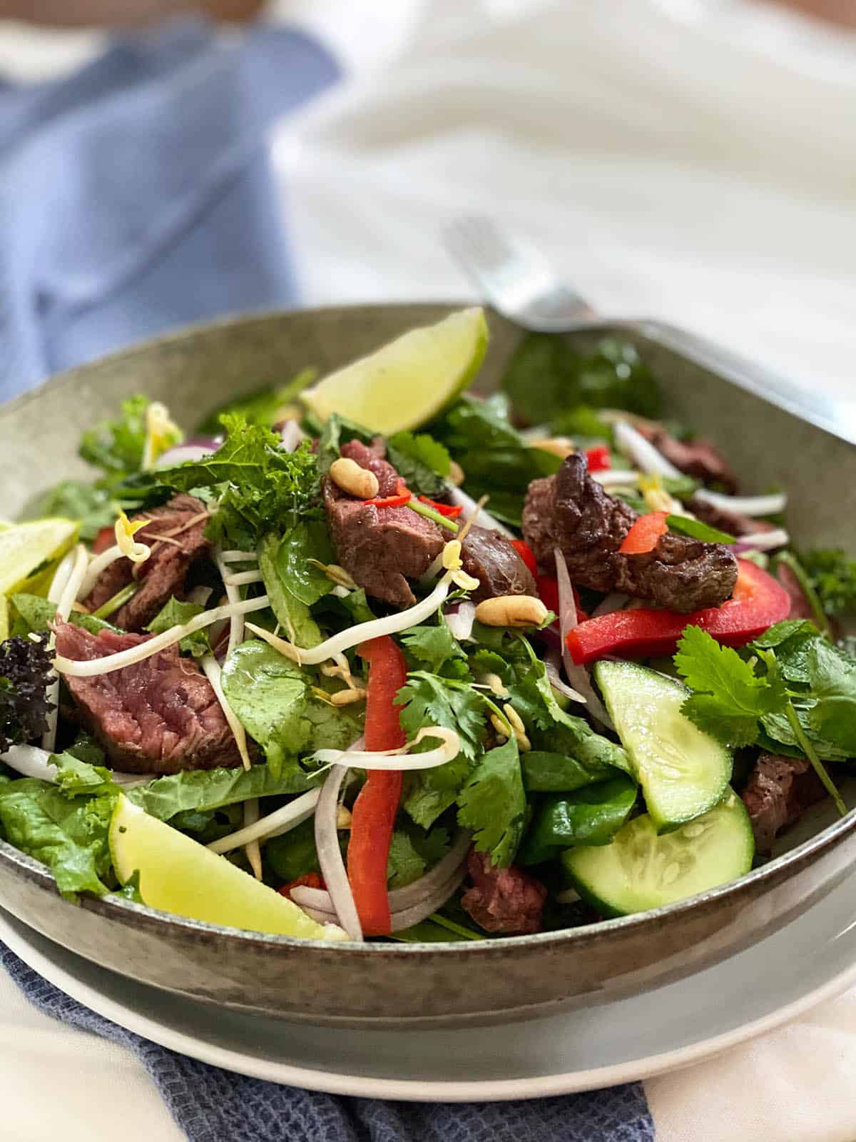 Thai Beef Salad on a table with a blue napkin