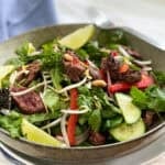 Thai Salad in an earth colour bowl and blue napkin with beef strips added for a Thai Beef Salad