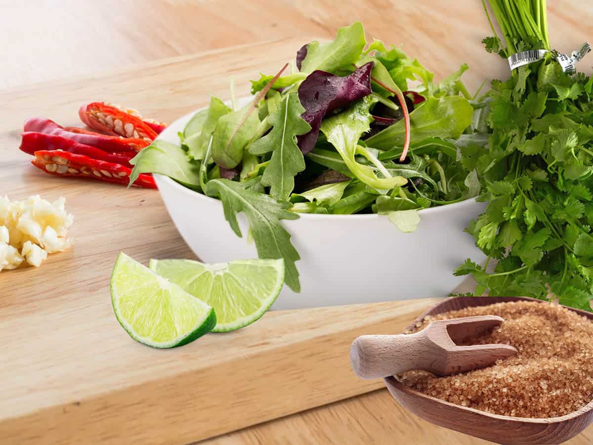 Thai Salad ingredients chop by hand, lemon, garlic, chili