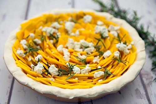 Pie filled with pumpkin, feta and rosemary