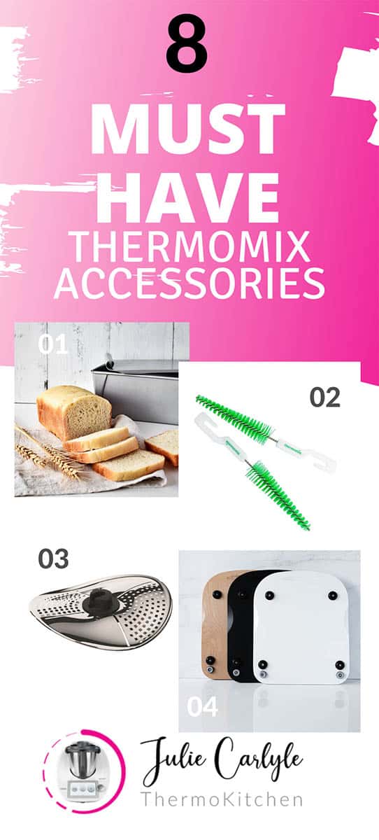 Pinterest pin saying 8 must have accessories for the Thermomix and showing some items