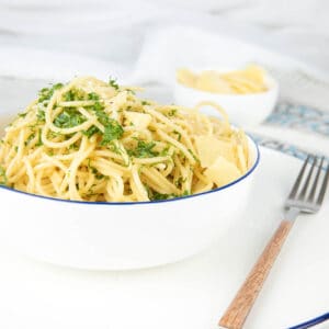 Thermomix Pasta in a white bowl with a fork ready to eat with parsley and cheese