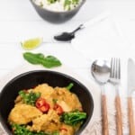 Portrait image Satay Chicken Curry in a black bowl on a napkin