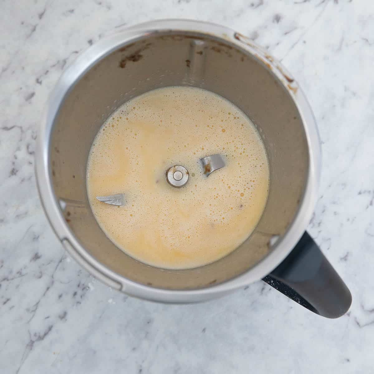 Thermomix Bowl with the wet ingredients for Sticky Date Pudding