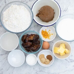 All the ingredients for Sticky Date Pudding measured out Mise en Plus