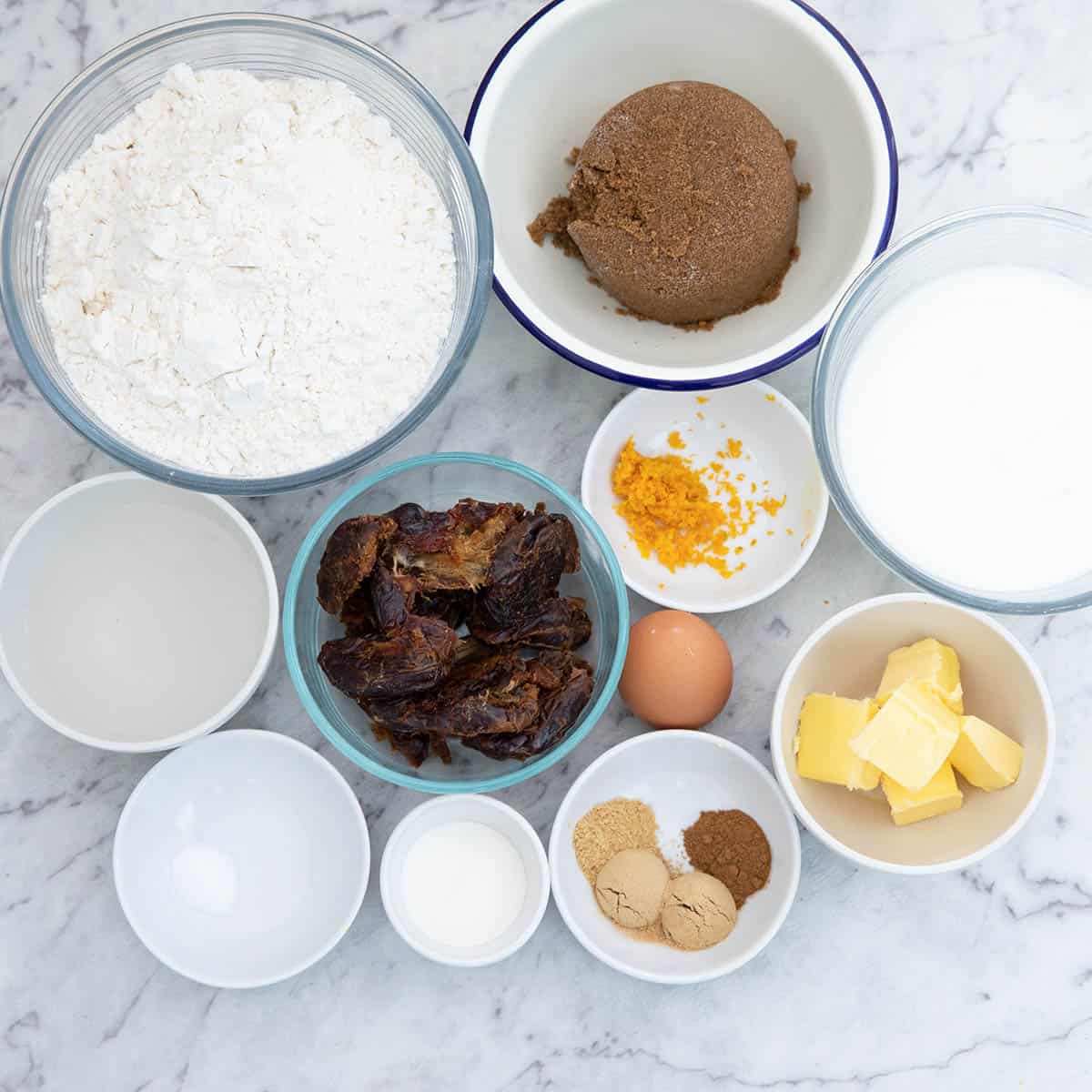 All the ingredients for Sticky Date Pudding measured out Mise en Plus