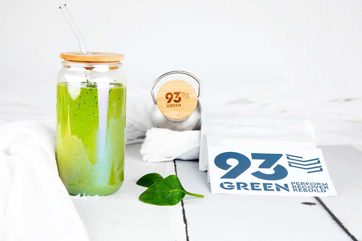 Landscape image of a Green smoothie with the 93 Green protein powder and company logo