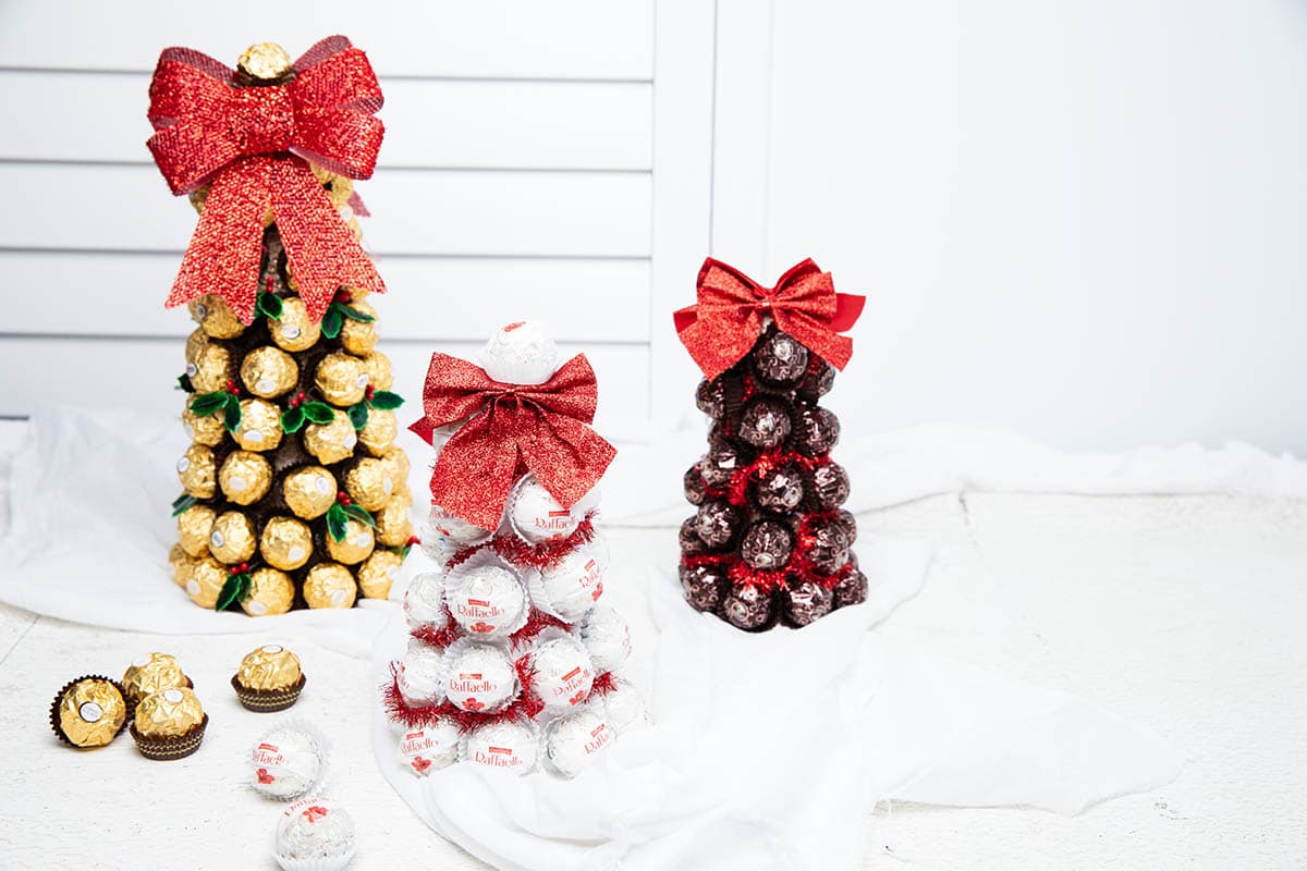 3 Ferrero Rocher Christmas Trees Centrepiece on a white background