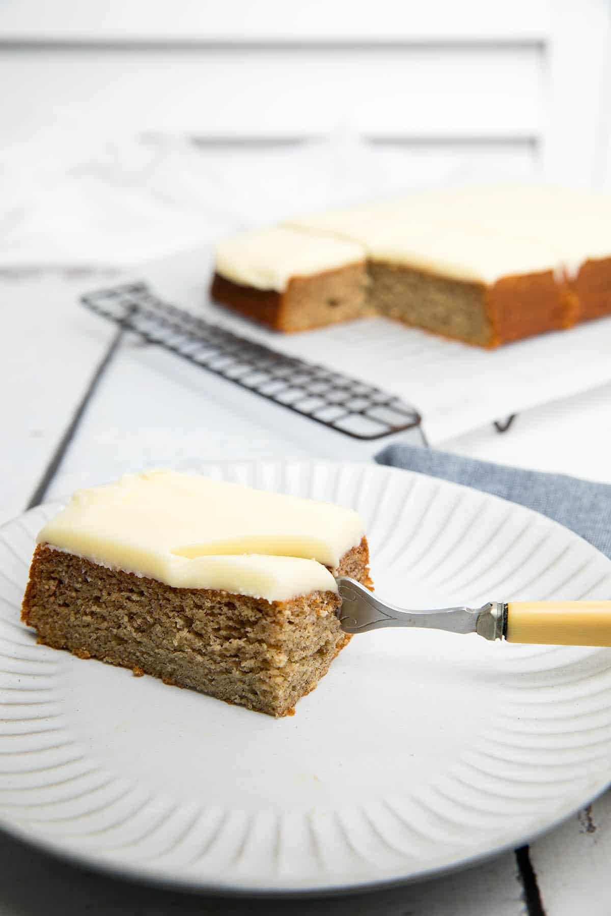 Sara Lee Banana cake slice on a white background