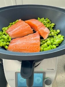 Salmon and Edamame weighed into the deep Varoma dish of the Thermomix