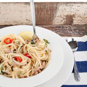 Portrait image of Thermomix Tuna Linguini in a bowl with an upright fork