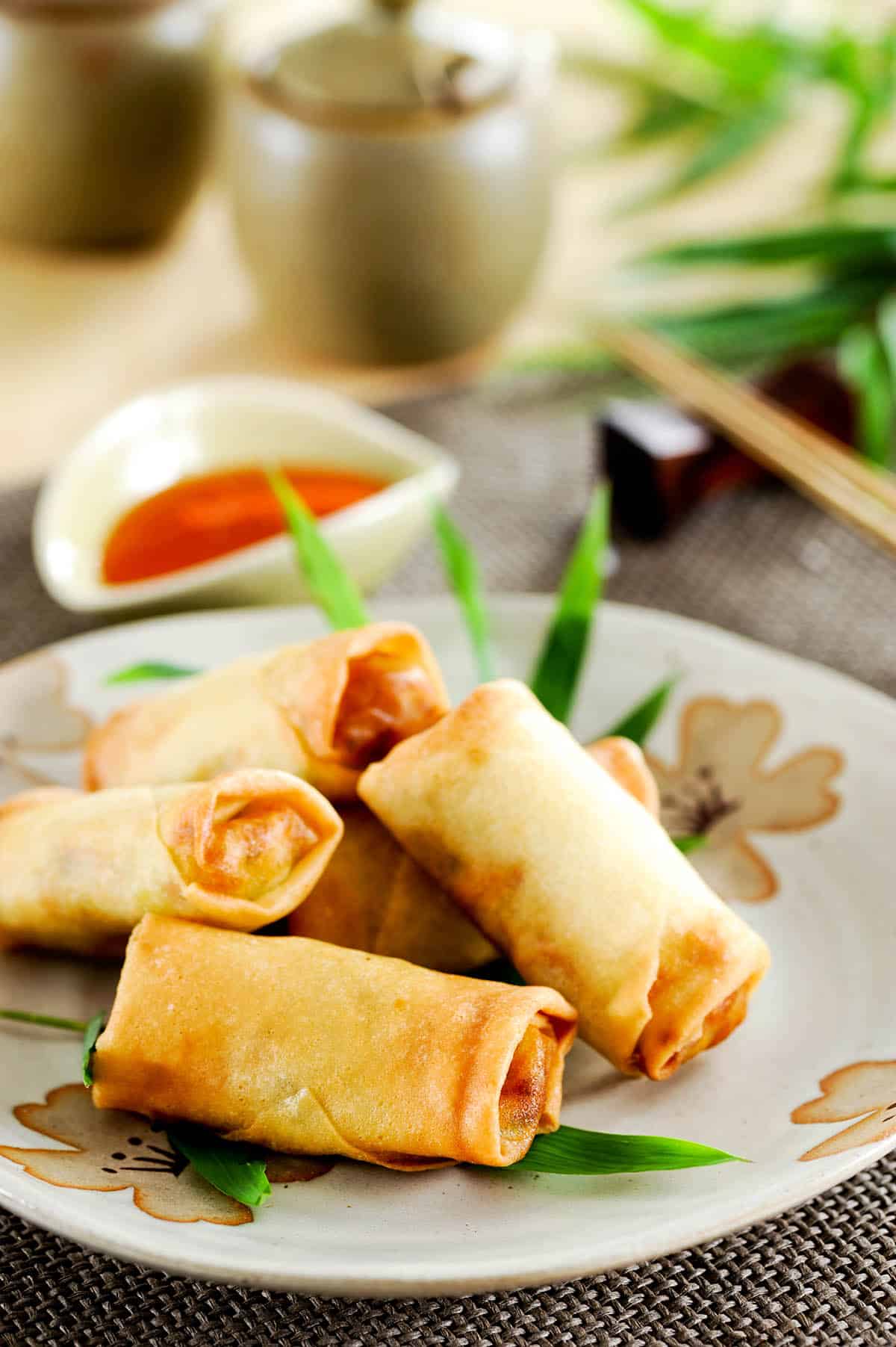 Image of Thermomix Thai spring rolls on a floral plate with a dipping sauce