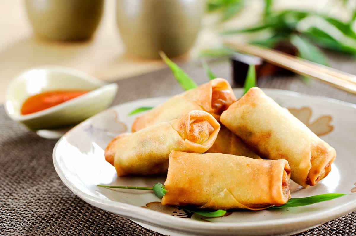 Image of Thermomix spring rolls on a floral plate with a dipping sauce