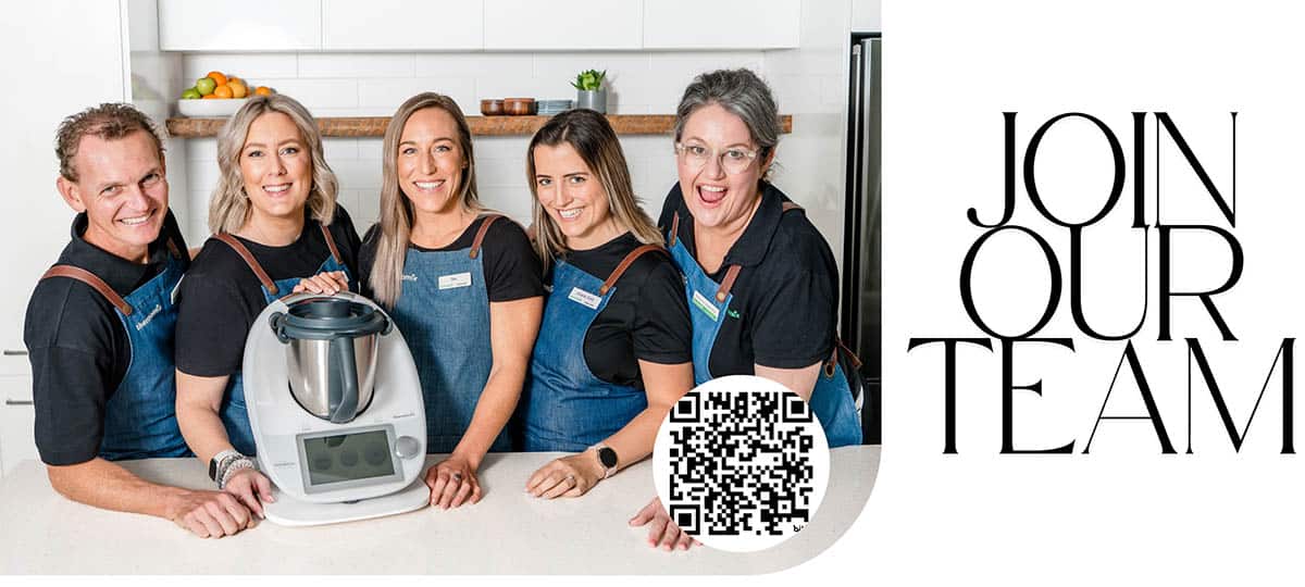 Become a Thermomix consultant with the words "Join the Team" and five consultants with Thermomix aprons on and a TM6