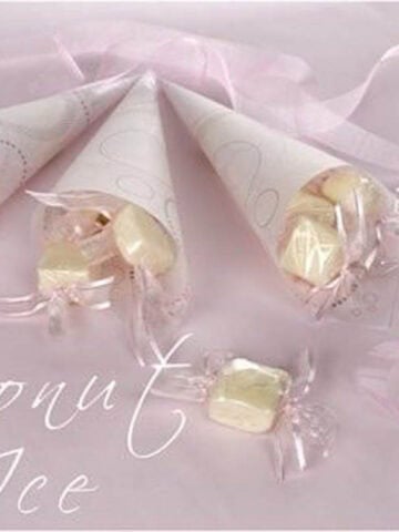 Cranberry Coconut Ice wrapped as a lolly on a pink background