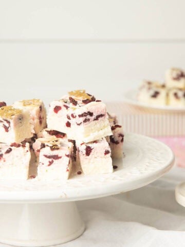 Coconut Ice on a white platter and white background contains lime and cranberry and made in the Thermomix