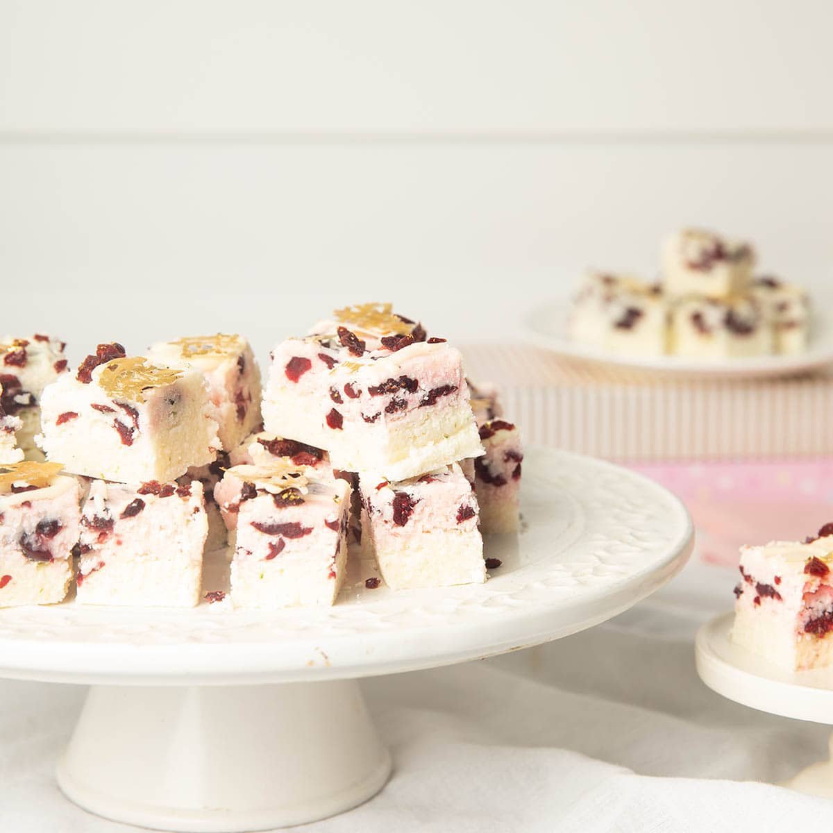 Coconut Ice on a white platter and white background contains lime and cranberry and made in the Thermomix