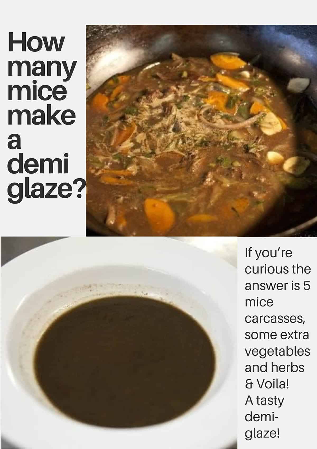 Making a mouse demi glaze. The top image shows the ingredients on the stove and the bottom image shows the finished product
