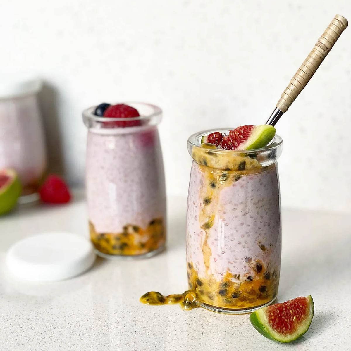 Yoghurt pots with chia pudding and passionfruit