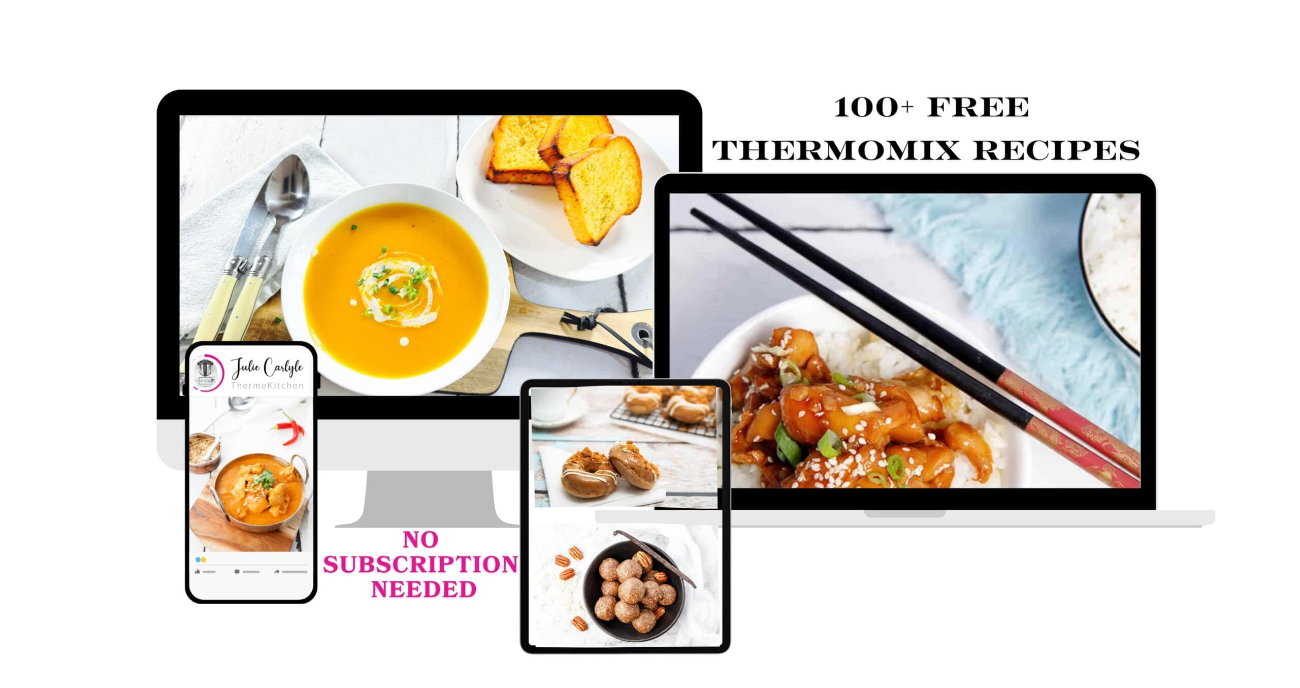 Graphic showcasing 100s of free Thermomix recipes on laptop, desktop, and mobile phone screens from ThermoKitchen with text reading no subscriptions needed.