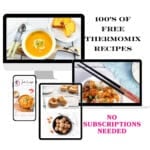 Graphic showcasing 100s of free Thermomix recipes on laptop, desktop, and mobile phone screens from ThermoKitchen with text reading no subscriptions needed.