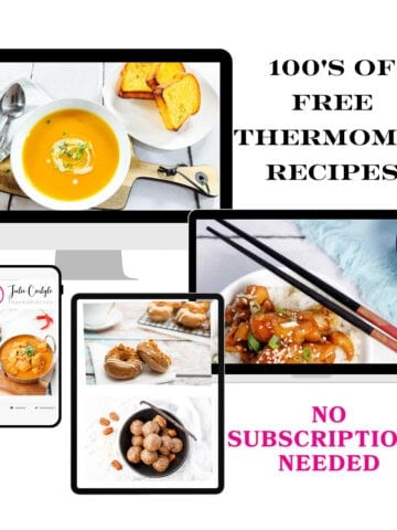 Graphic showcasing 100s of free Thermomix recipes on laptop, desktop, and mobile phone screens from ThermoKitchen with text reading no subscriptions needed.