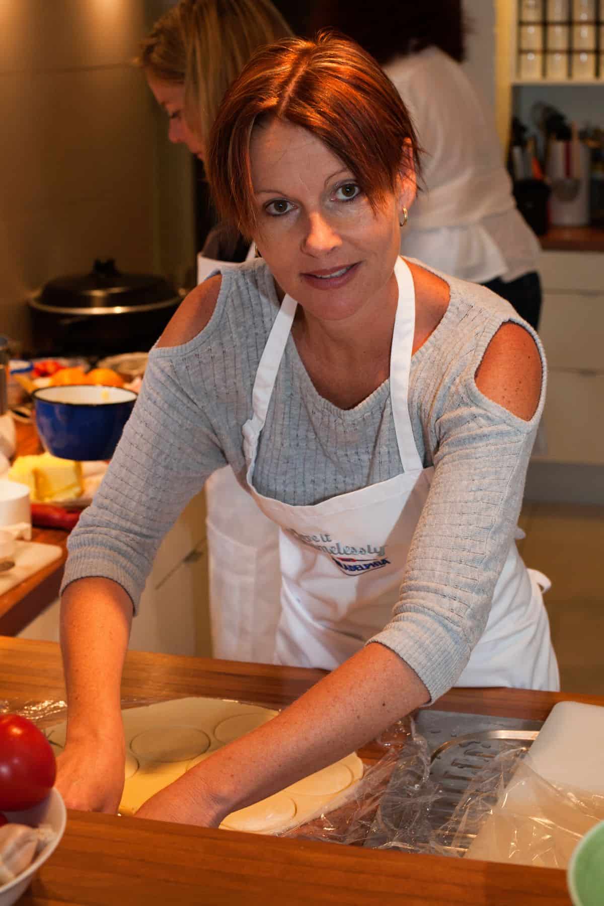 Julie Carlyle making sweet shortcrust pastry by hand at Suzanne Gibbs Balmain home.